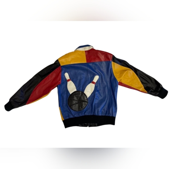 Pelle 100% Leather Bowling Jacket Colour Block Red/Yellow/Blue Size Small EUC - Picture 3 of 8